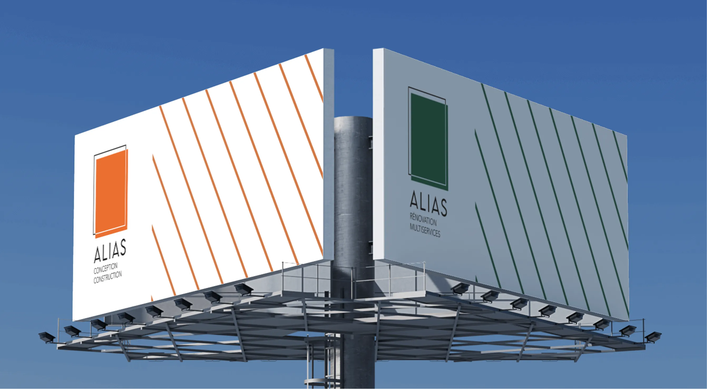 Panneaux publicitaires grand format Alias Conception Construction, rythmés de lignes orange