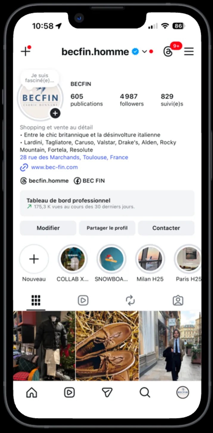 Profil Instagram de Bec Fin sur smartphone, compte de la boutique de vêtements pour homme géré par Magelab