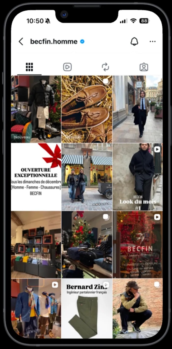 Fil Instagram de Bec Fin : grille de photographies de vêtements, de chaussures et de la boutique