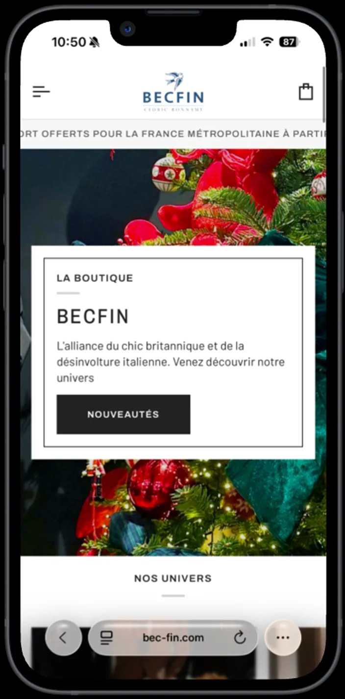 Version mobile du site Bec Fin sur smartphone, présentation de la boutique entre chic britannique et désinvolture italienne