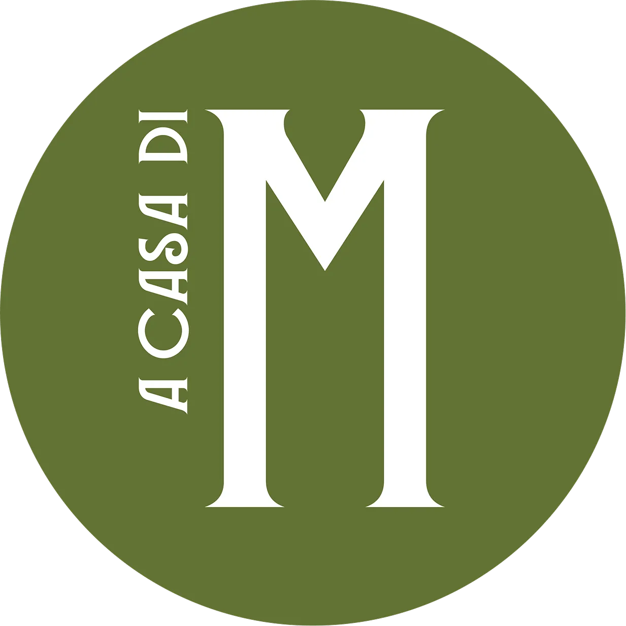 Monogramme d’A casa di Mammina : un M blanc dans un cercle vert olive